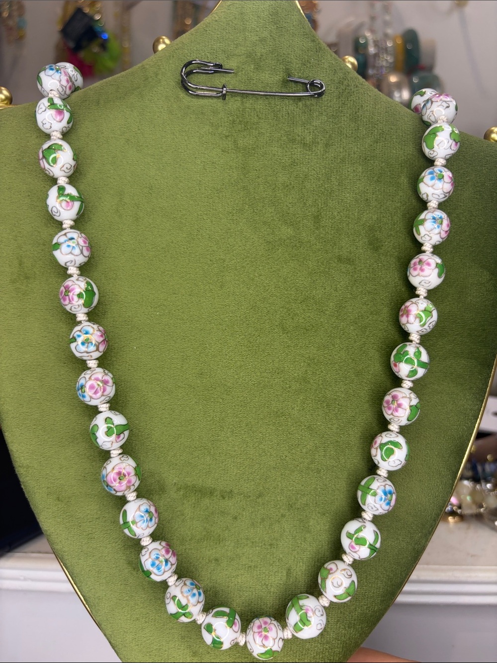 Hand-Painted Floral Cloisonné Beaded Necklace - White, Pink & Green and blue